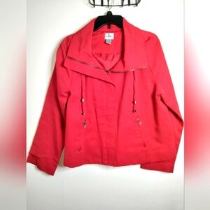 Chico's (Size 1/M/8) Red Stretch Pleated Back LS Front Zip Pockets Moto Jacket
